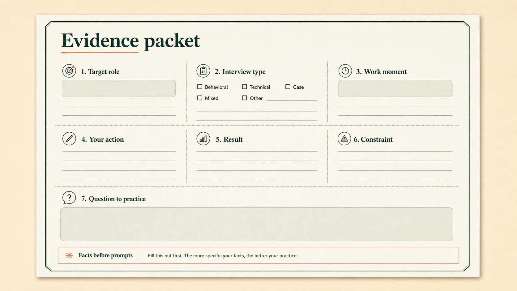 A printable evidence packet worksheet with fields for target role, interview type, work moment, action, result, constraint, and question to practice.