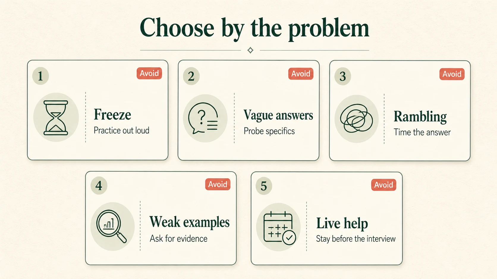 A decision map that pairs common interview problems with useful AI coach behavior.