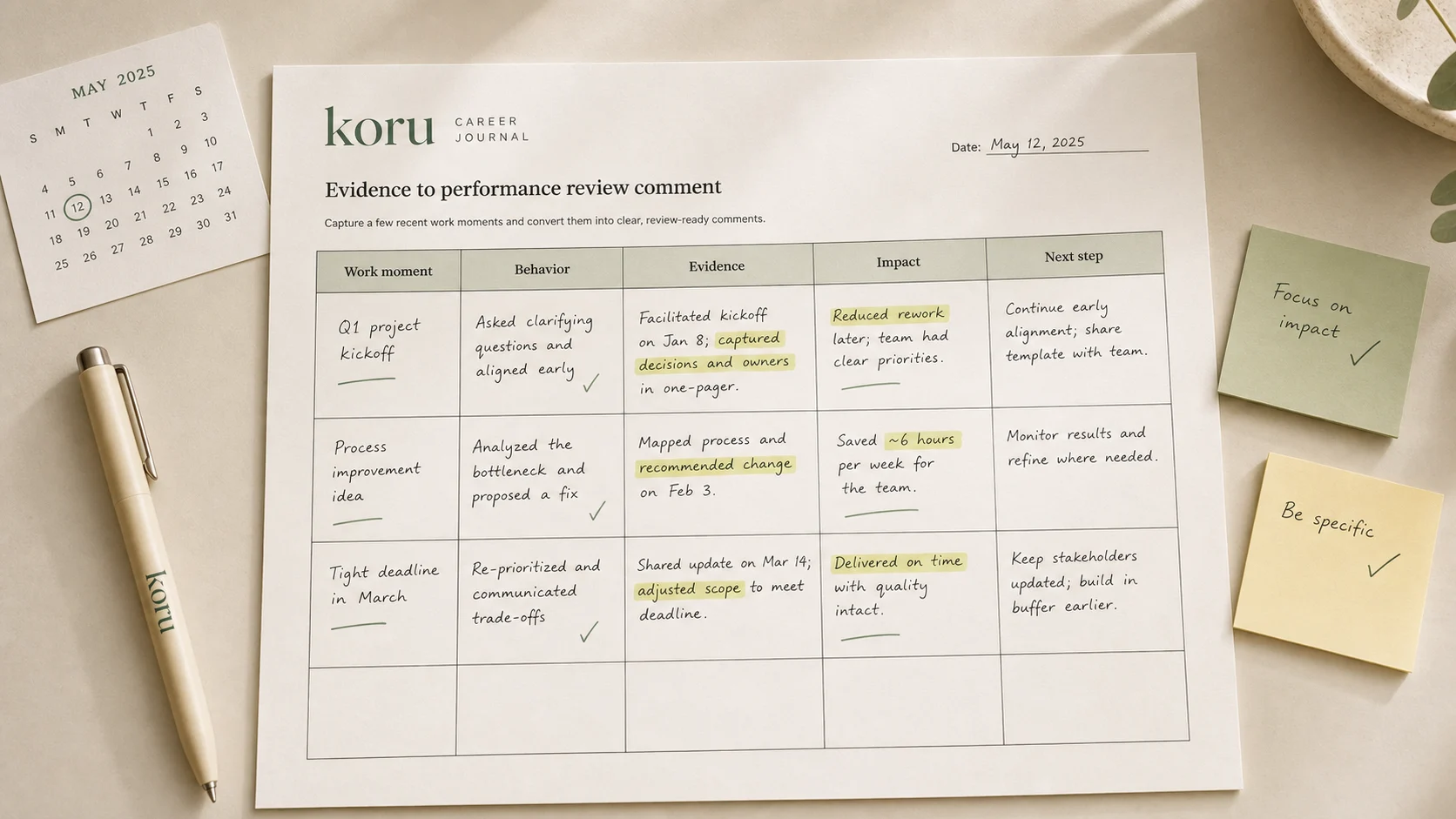 A worksheet for turning work moments into performance review comments.