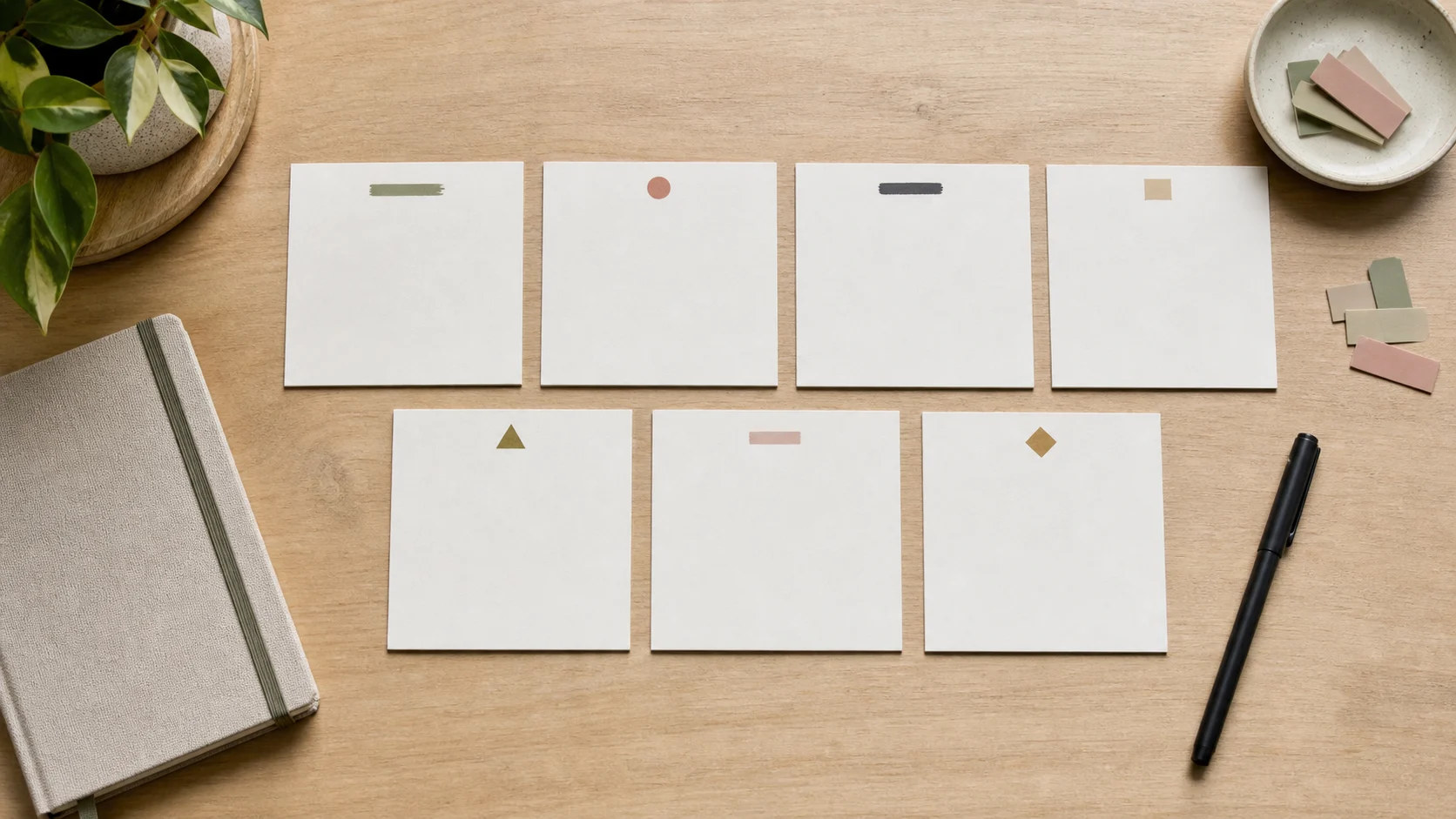 Seven blank answer cards arranged on a desk beside a notebook, pen, and muted sticky tabs.