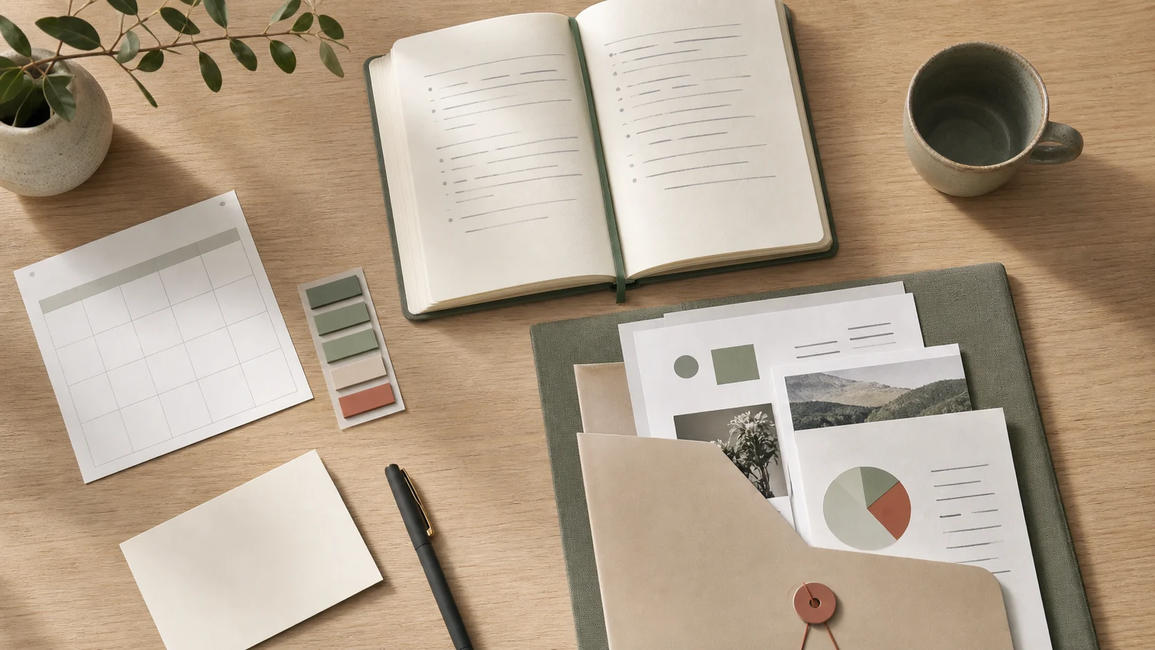 A quiet desk with a notebook, calendar sheet, work papers, sticky tabs, and a blank interview prep card.