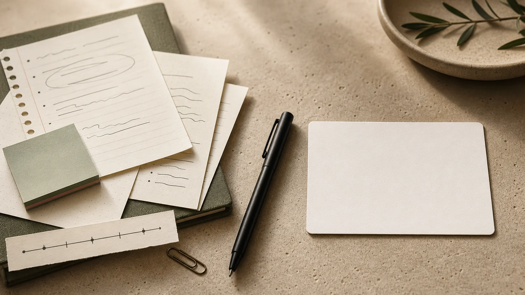 Messy source notes on one side of a desk, a blank answer card on the other, and a pen between them.